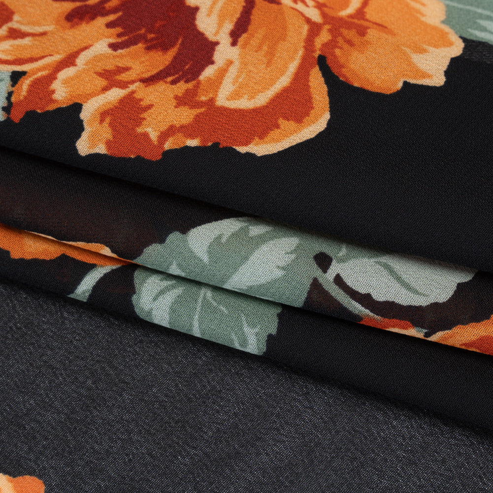 Viscose Georgette Print - Vivid Orange, Burgundy Red and Black Floral - Designer Deadstock - Folded