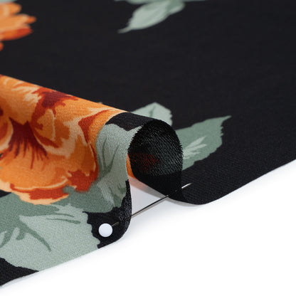 Viscose Georgette Print - Vivid Orange, Burgundy Red and Black Floral - Designer Deadstock