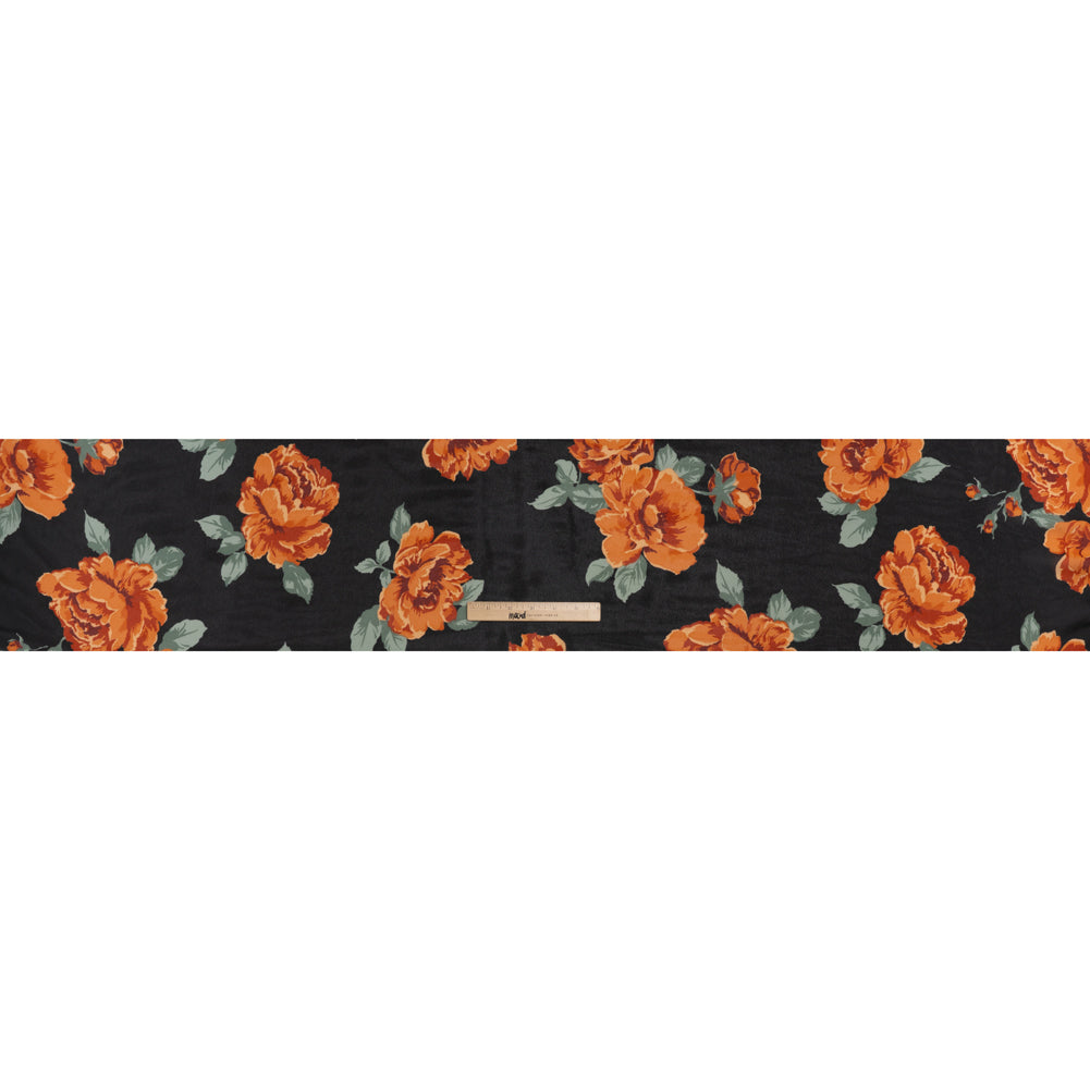 Viscose Georgette Print - Vivid Orange, Burgundy Red and Black Floral - Designer Deadstock - Full