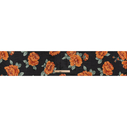 Viscose Georgette Print - Vivid Orange, Burgundy Red and Black Floral - Designer Deadstock