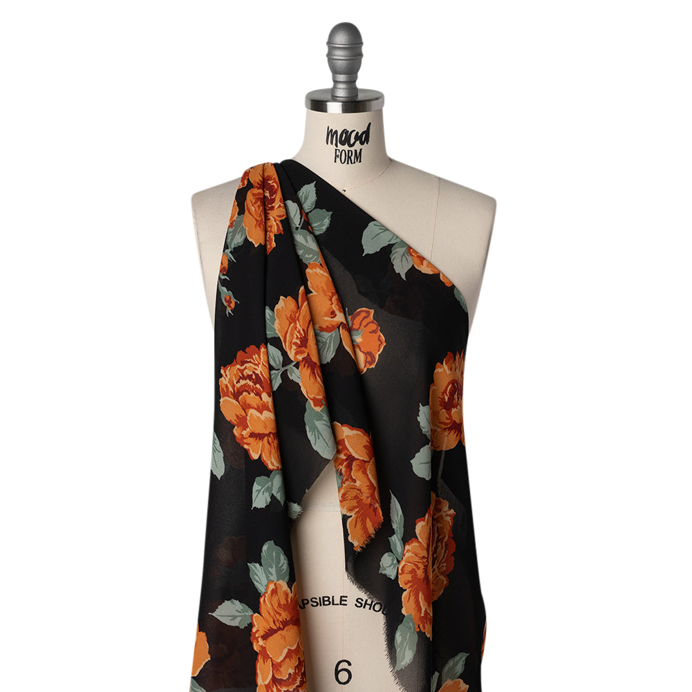 Viscose Georgette Print - Vivid Orange, Burgundy Red and Black Floral - Designer Deadstock - Drape