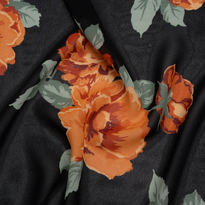 Viscose Georgette Print - Vivid Orange, Burgundy Red and Black Floral - Designer Deadstock