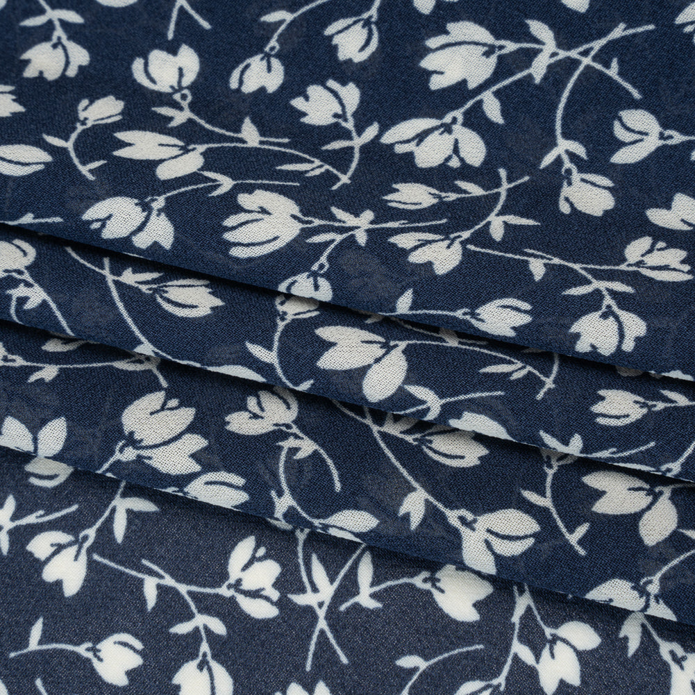 Viscose Georgette Print - Midnight Blue and White Wispy Floral - Designer Deadstock - Folded