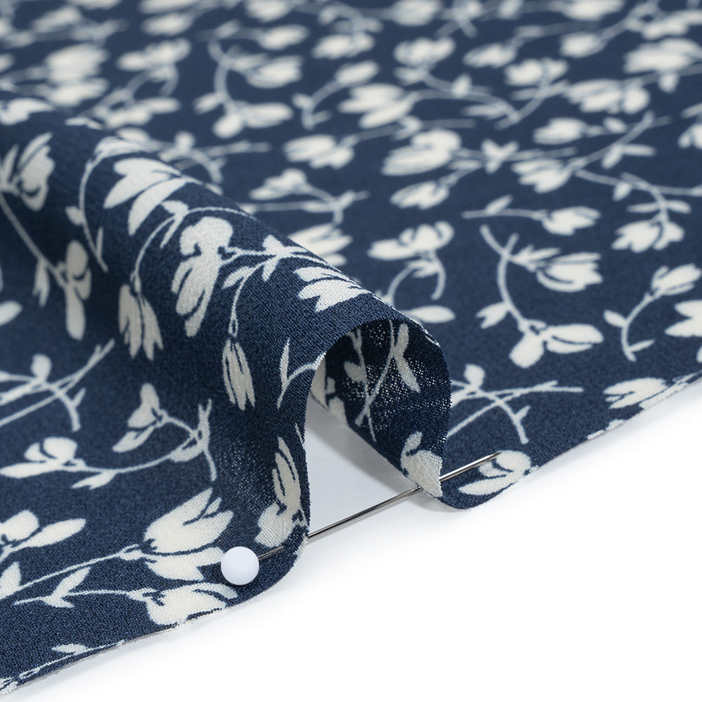 Viscose Georgette Print - Midnight Blue and White Wispy Floral - Designer Deadstock - Detail
