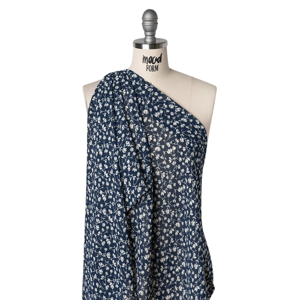 Viscose Georgette Print - Midnight Blue and White Wispy Floral - Designer Deadstock - Drape