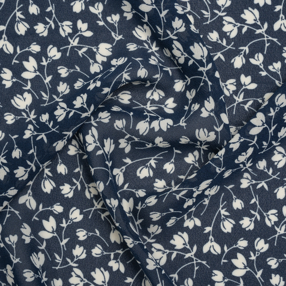 Viscose Georgette Print - Midnight Blue and White Wispy Floral - Designer Deadstock
