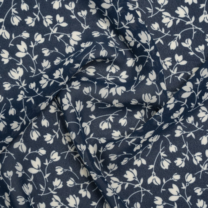 Viscose Georgette Print - Midnight Blue and White Wispy Floral - Designer Deadstock