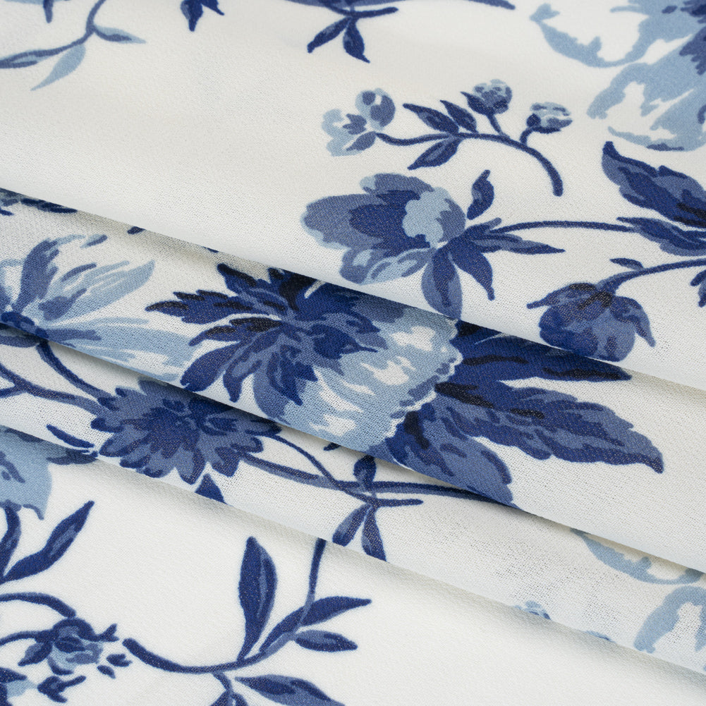 Viscose Georgette Print - Royal Blue and Off White Floral - Designer Deadstock - Folded