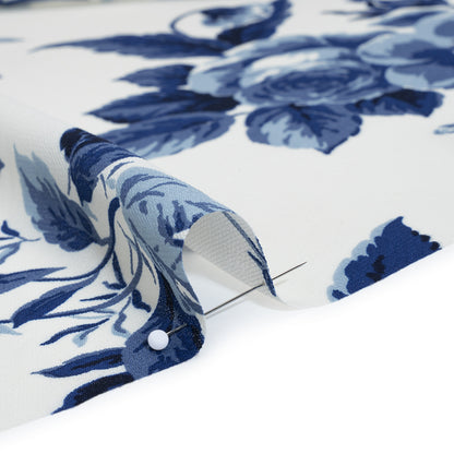 Viscose Georgette Print - Royal Blue and Off White Floral - Designer Deadstock
