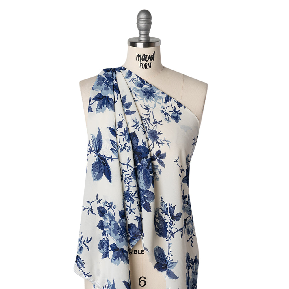 Viscose Georgette Print - Royal Blue and Off White Floral - Designer Deadstock - Drape