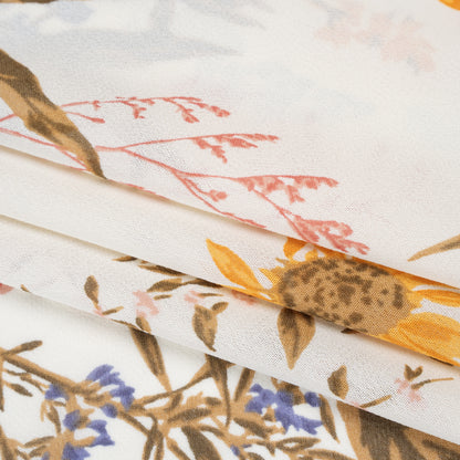 Viscose Georgette Print - Marigold Yellow, Light Indigo Purple and Mocha Brown Wildflower Floral - Designer Deadstock