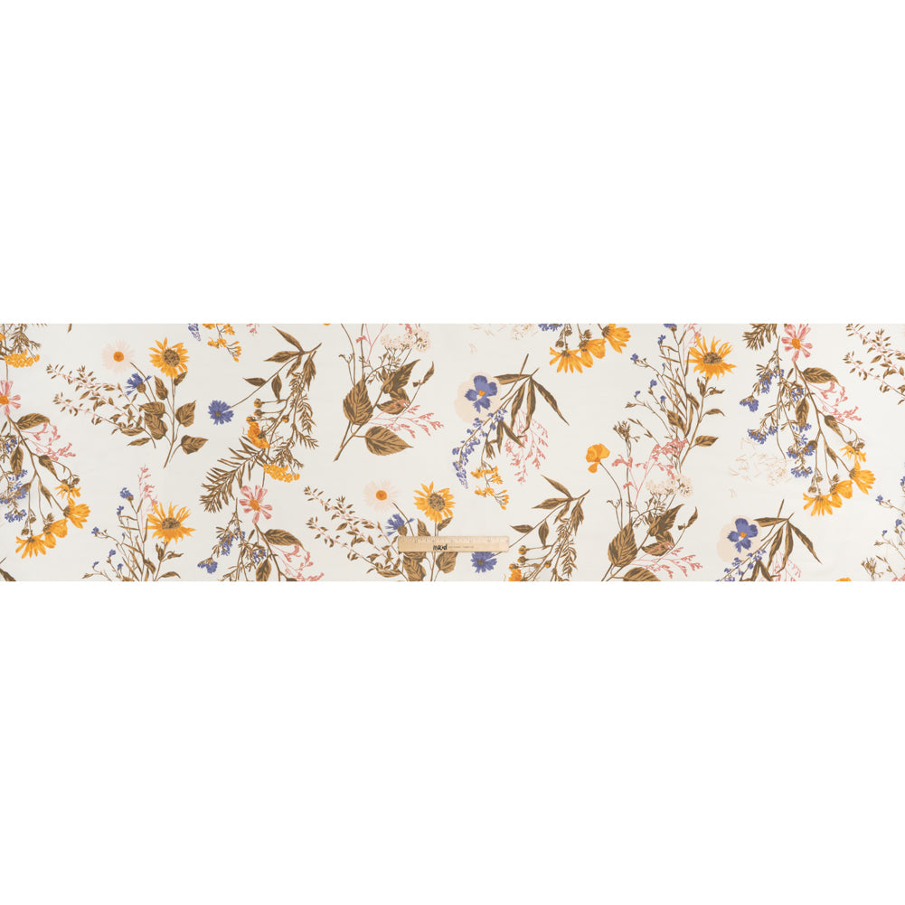 Viscose Georgette Print - Marigold Yellow, Light Indigo Purple and Mocha Brown Wildflower Floral - Designer Deadstock - Full