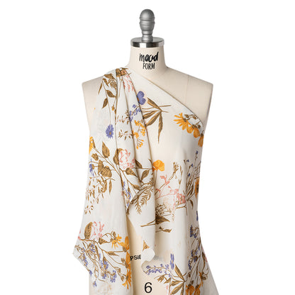 Viscose Georgette Print - Marigold Yellow, Light Indigo Purple and Mocha Brown Wildflower Floral - Designer Deadstock