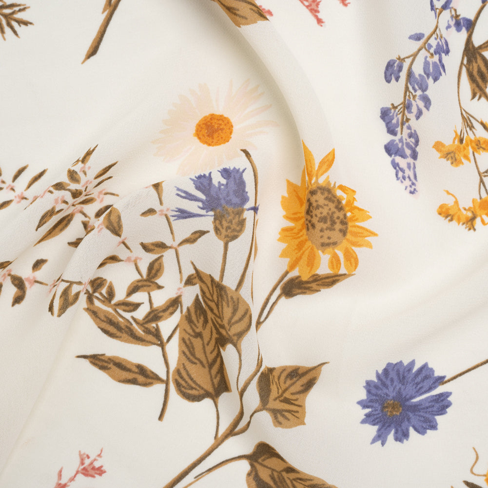Viscose Georgette Print - Marigold Yellow, Light Indigo Purple and Mocha Brown Wildflower Floral - Designer Deadstock