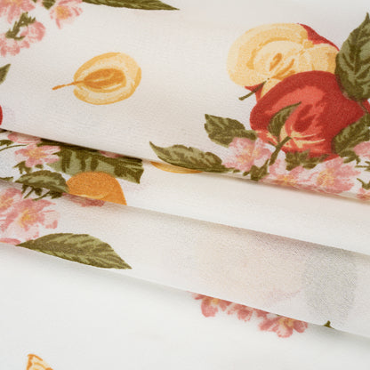 Viscose Georgette Print - Dark Scarlet Red, Dark Pink and Dark Amber Yellow Fruit and Floral - Designer Deadstock