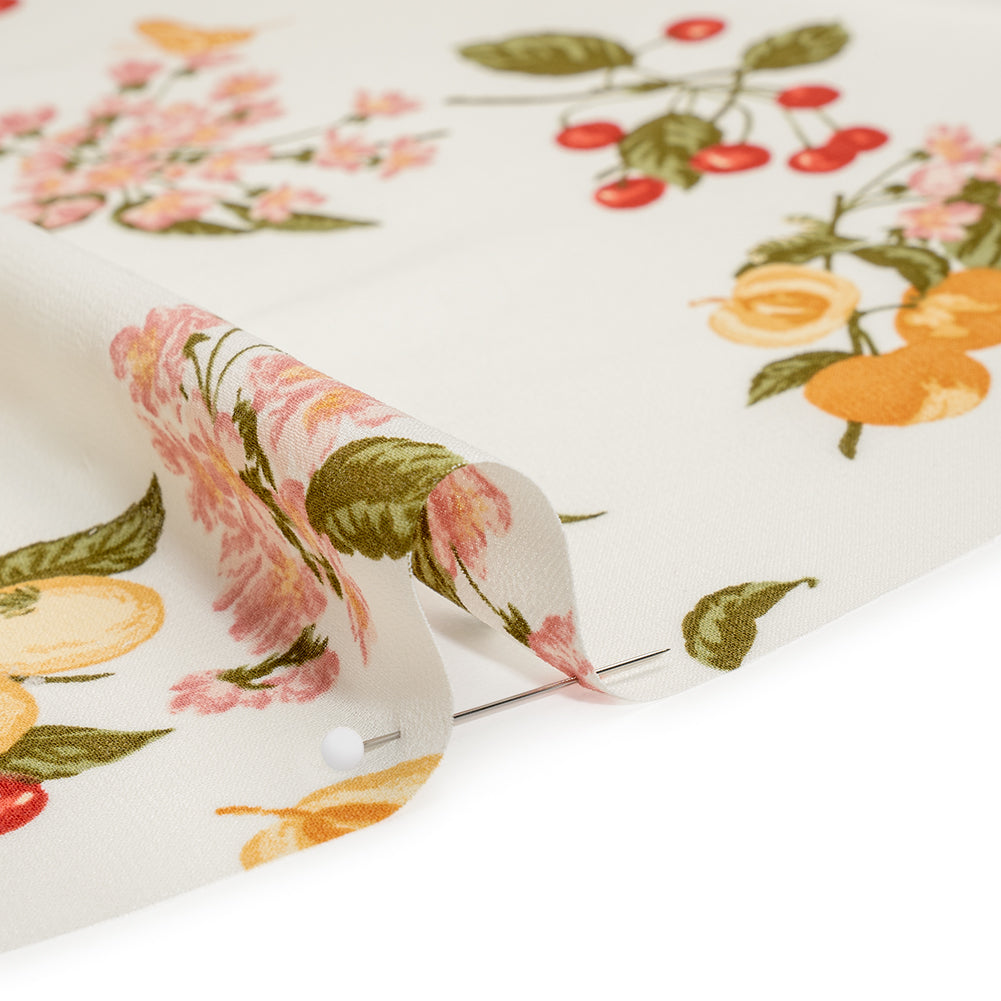 Viscose Georgette Print - Dark Scarlet Red, Dark Pink and Dark Amber Yellow Fruit and Floral - Designer Deadstock - Detail