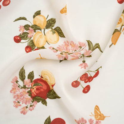 Viscose Georgette Print - Dark Scarlet Red, Dark Pink and Dark Amber Yellow Fruit and Floral - Designer Deadstock