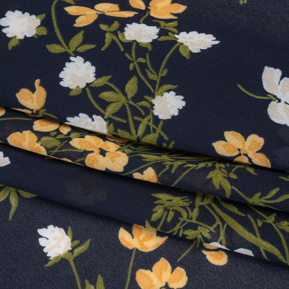 Viscose Georgette Print - Midnight Blue, Amber Yellow and Off White Wildflower Floral - Designer Deadstock - Folded