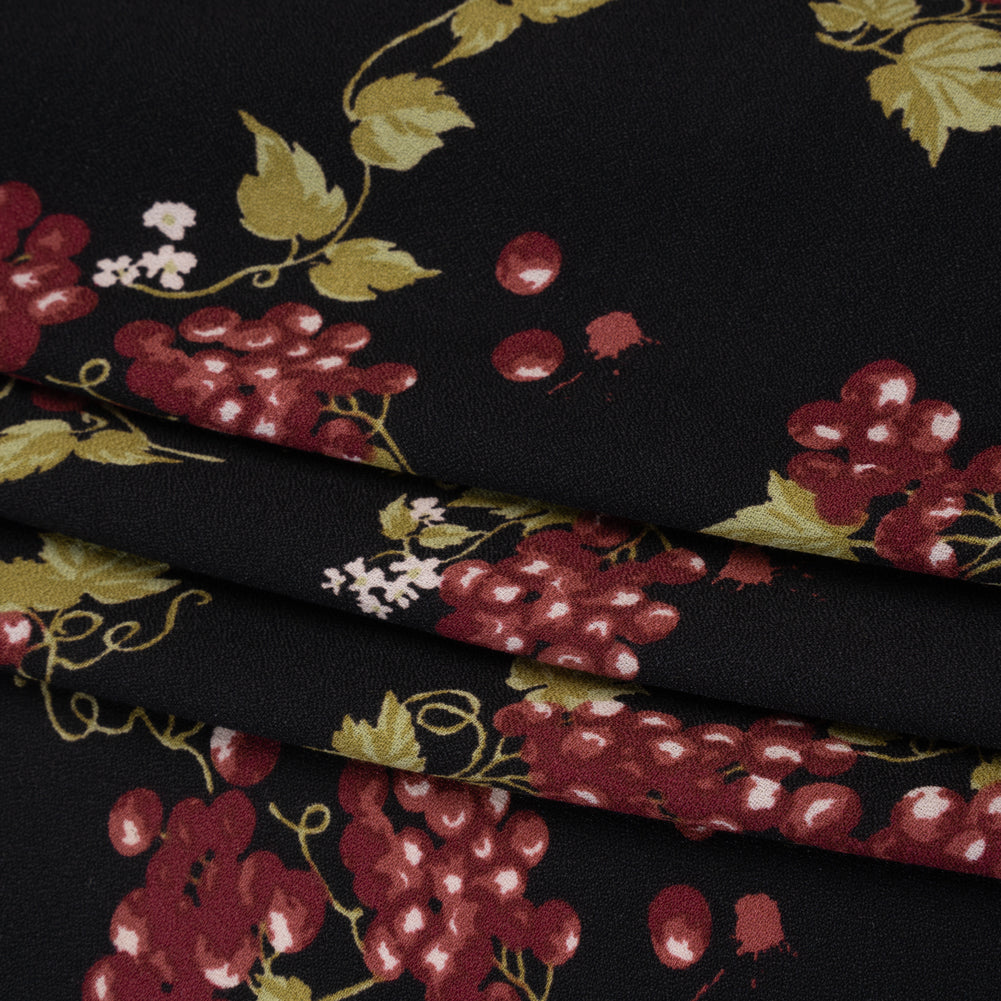 Sustainable Viscose Crepe Print - Black and Sangria Purple Grapes Illustration - Designer Deadstock - Folded