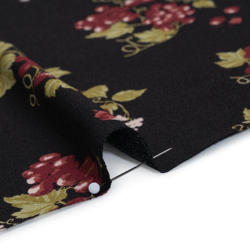 Sustainable Viscose Crepe Print - Black and Sangria Purple Grapes Illustration - Designer Deadstock - Detail