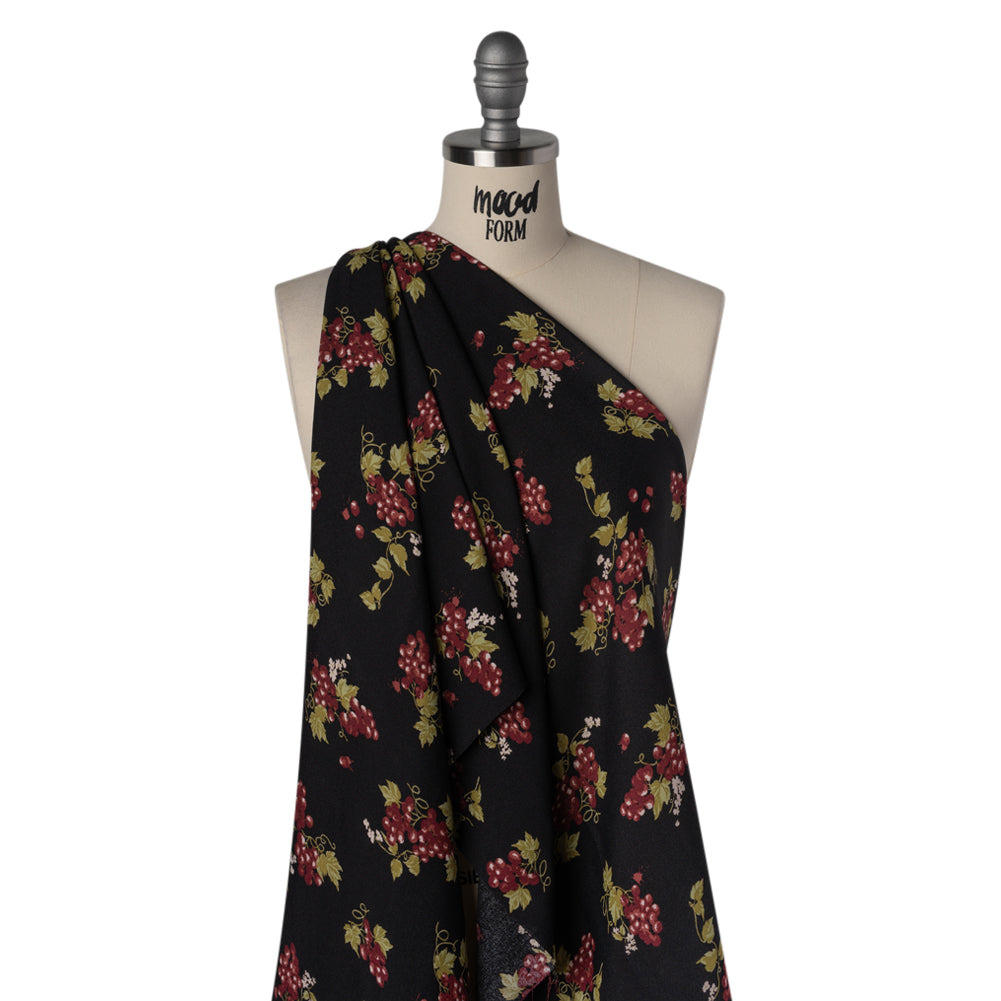 Sustainable Viscose Crepe Print - Black and Sangria Purple Grapes Illustration - Designer Deadstock - Drape