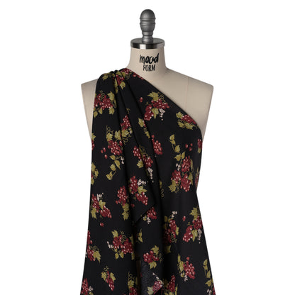 Sustainable Viscose Crepe Print - Black and Sangria Purple Grapes Illustration - Designer Deadstock