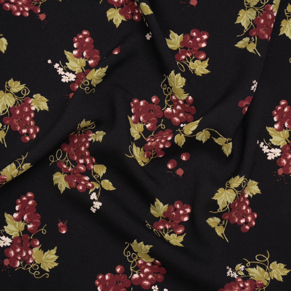 Sustainable Viscose Crepe Print - Black and Sangria Purple Grapes Illustration - Designer Deadstock