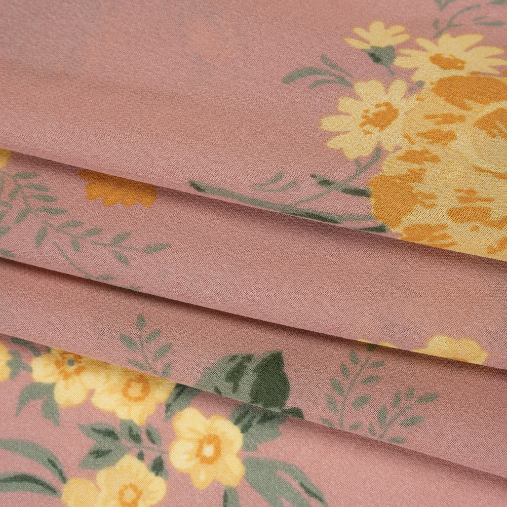 Viscose Georgette Print - Dusty Pink, Light Pastel Yellow and Golden Orange Floral - Designer Deadstock - Folded