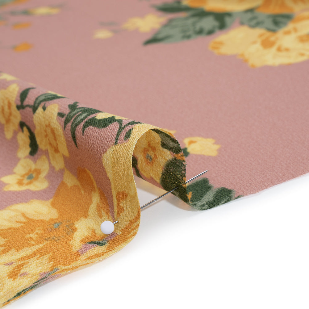 Viscose Georgette Print - Dusty Pink, Light Pastel Yellow and Golden Orange Floral - Designer Deadstock - Detail