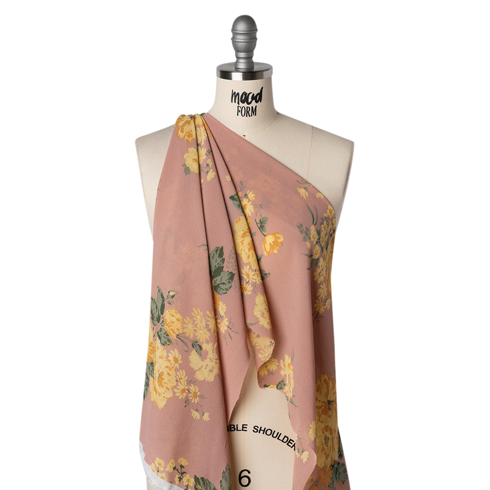 Viscose Georgette Print - Dusty Pink, Light Pastel Yellow and Golden Orange Floral - Designer Deadstock - Drape
