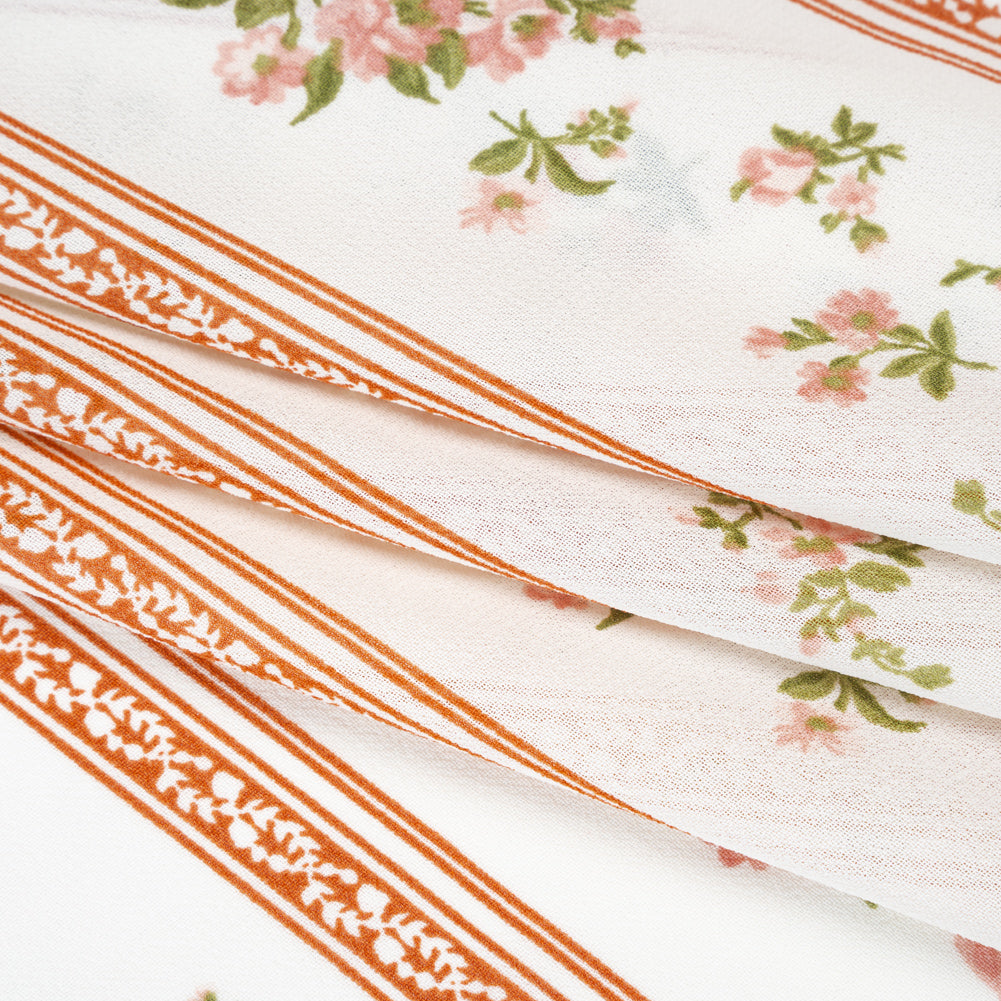 Viscose Georgette Print - Carnation Pink, Autumn Green and Off White Floral and Stripes - Designer Deadstock - Folded