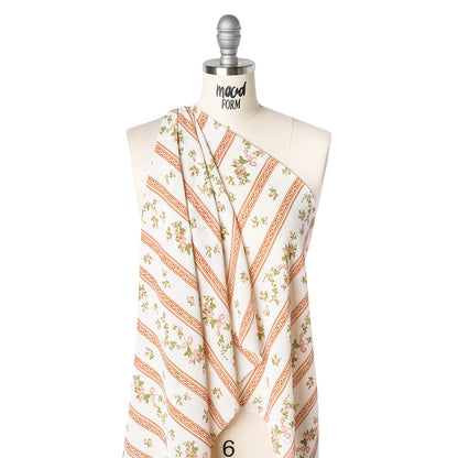 Viscose Georgette Print - Carnation Pink, Autumn Green and Off White Floral and Stripes - Designer Deadstock