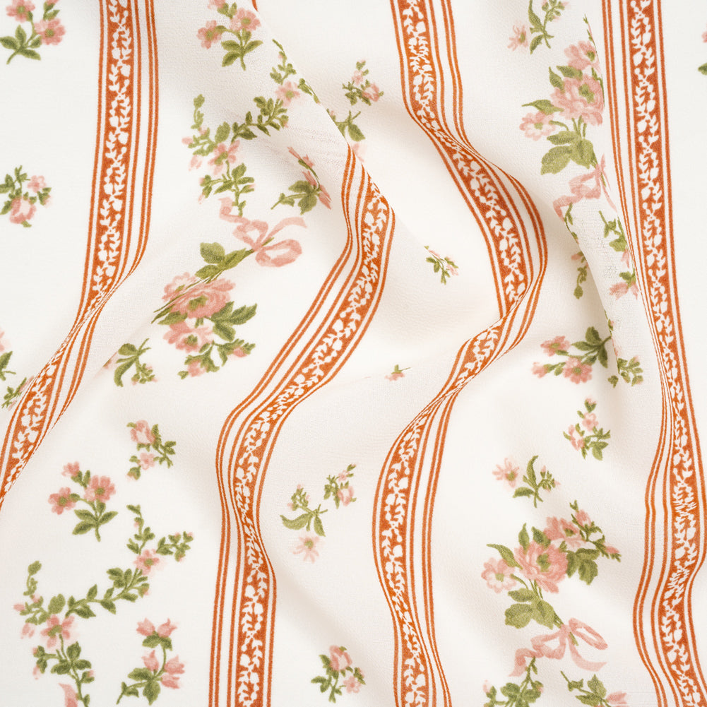 Viscose Georgette Print - Carnation Pink, Autumn Green and Off White Floral and Stripes - Designer Deadstock