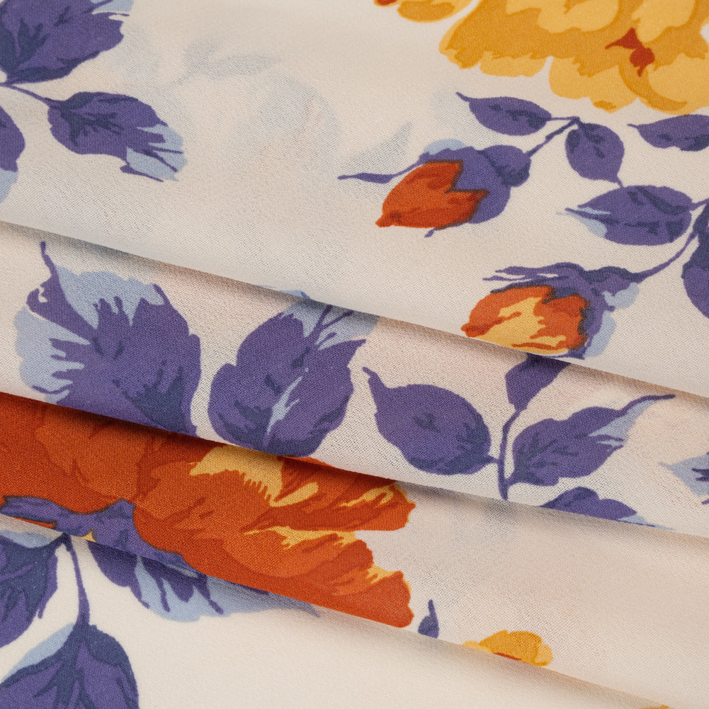 Viscose Georgette Print - Burnt Autumn Orange, Cornflower Yellow and Ripe Plum Purple Floral - Designer Deadstock - Folded