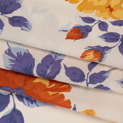 Viscose Georgette Print - Burnt Autumn Orange, Cornflower Yellow and Ripe Plum Purple Floral - Designer Deadstock