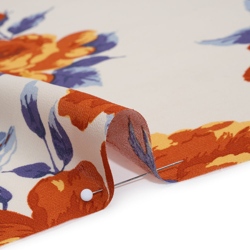Viscose Georgette Print - Burnt Autumn Orange, Cornflower Yellow and Ripe Plum Purple Floral - Designer Deadstock - Detail