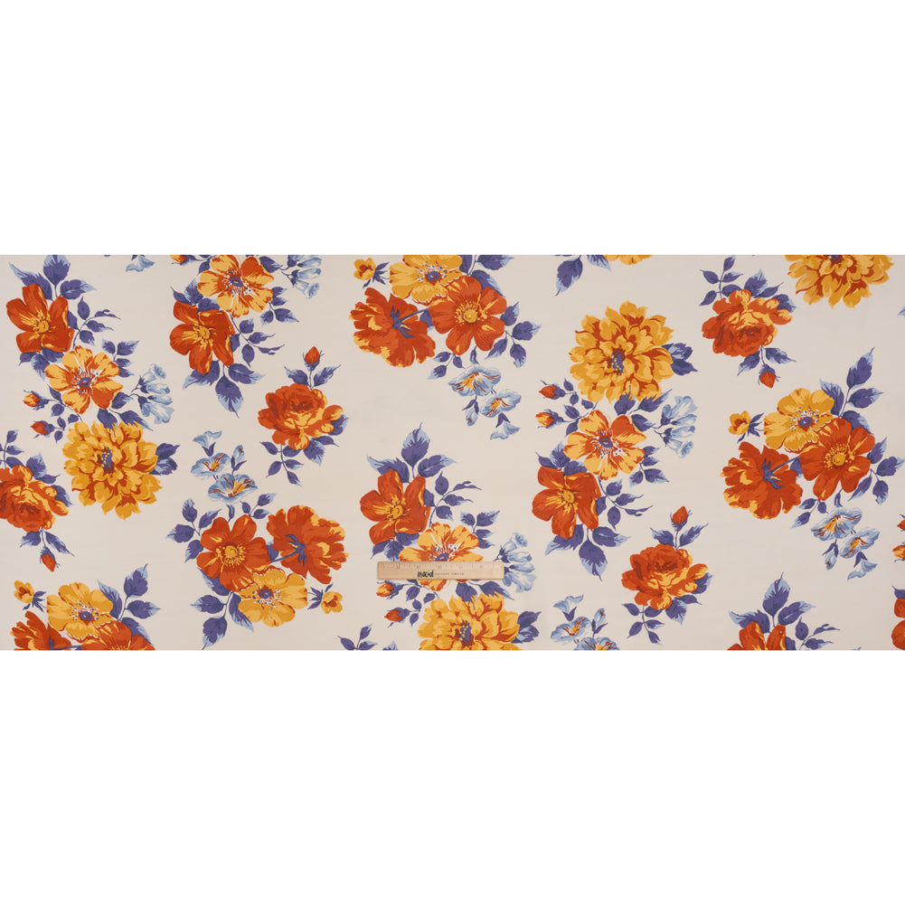 Viscose Georgette Print - Burnt Autumn Orange, Cornflower Yellow and Ripe Plum Purple Floral - Designer Deadstock - Full