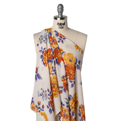 Viscose Georgette Print - Burnt Autumn Orange, Cornflower Yellow and Ripe Plum Purple Floral - Designer Deadstock