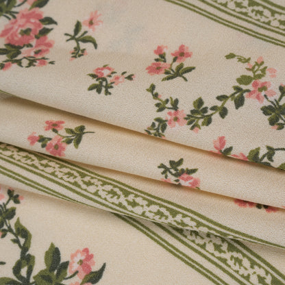 Sustainable Viscose Crepe Print - Dusty Pink and Moss Green Antique Floral and Stripes - Designer Deadstock