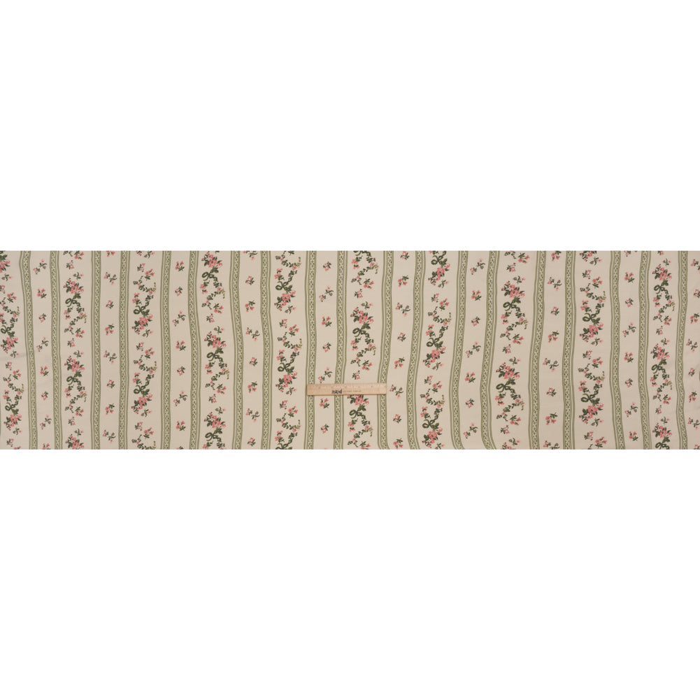 Sustainable Viscose Crepe Print - Dusty Pink and Moss Green Antique Floral and Stripes - Designer Deadstock - Full