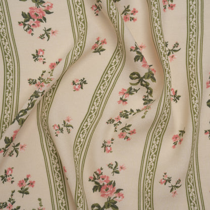 Sustainable Viscose Crepe Print - Dusty Pink and Moss Green Antique Floral and Stripes - Designer Deadstock