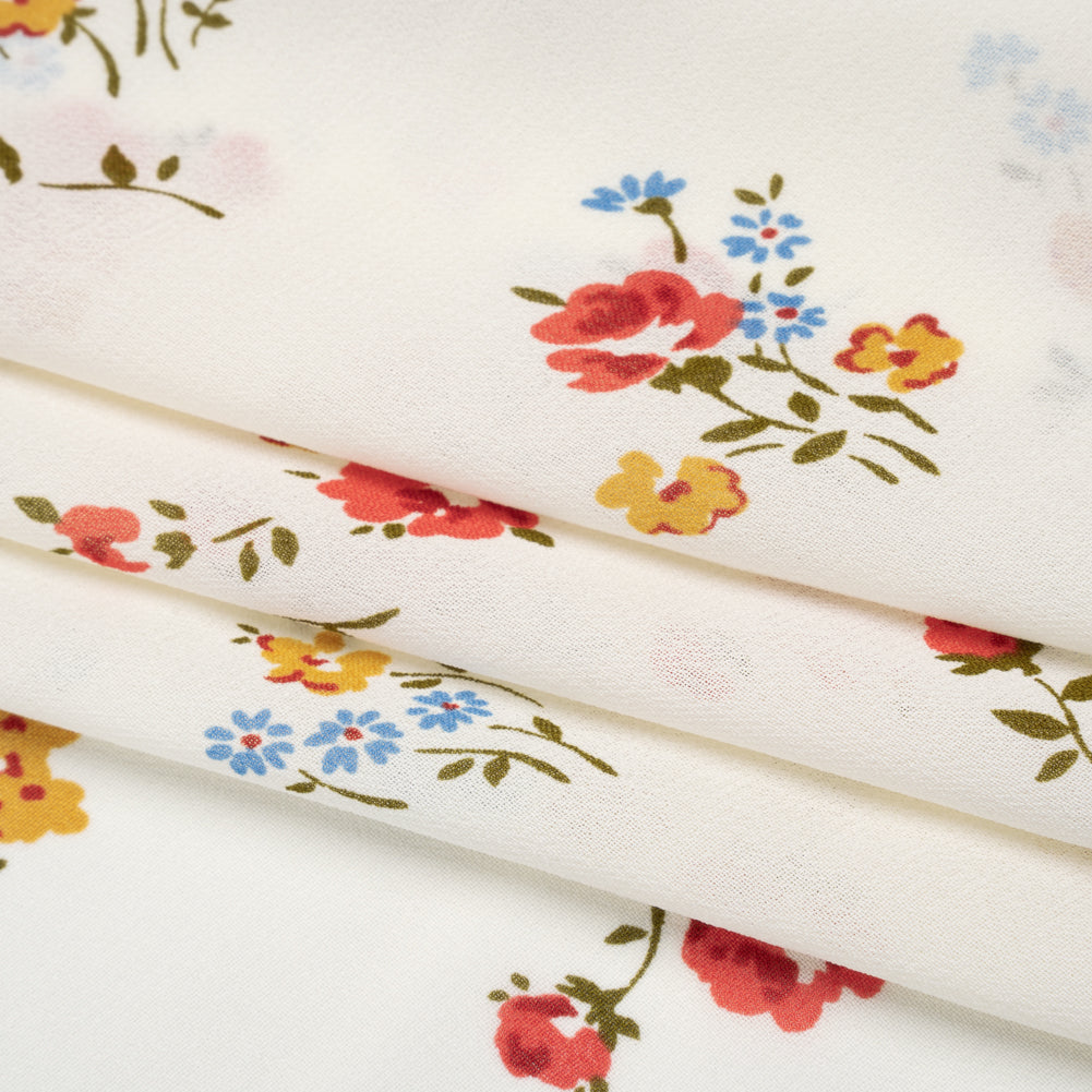 Viscose Georgette Print - Coral Pink, Sunset Yellow and Pacific Blue Floral - Designer Deadstock - Folded
