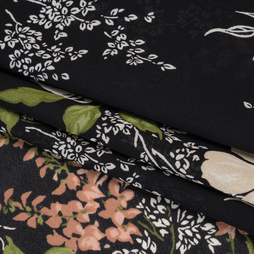 Viscose Georgette Print - Light Pastel Orange, Dusty Rose Pink and Black Floral - Designer Deadstock - Folded