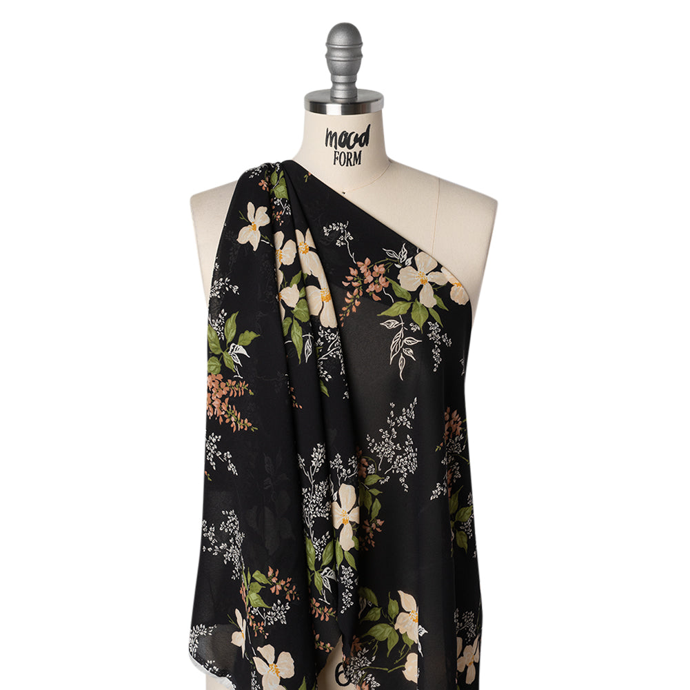 Viscose Georgette Print - Light Pastel Orange, Dusty Rose Pink and Black Floral - Designer Deadstock - Drape