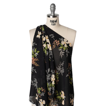 Viscose Georgette Print - Light Pastel Orange, Dusty Rose Pink and Black Floral - Designer Deadstock