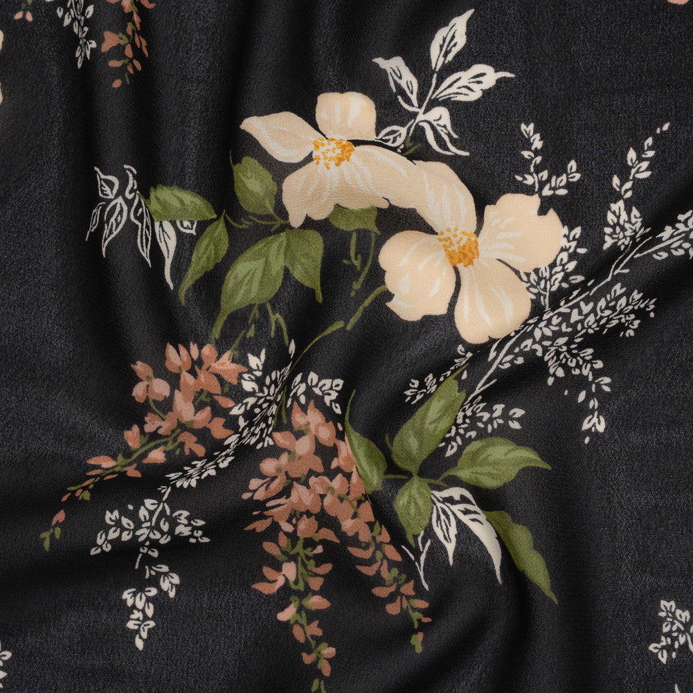 Viscose Georgette Print - Light Pastel Orange, Dusty Rose Pink and Black Floral - Designer Deadstock