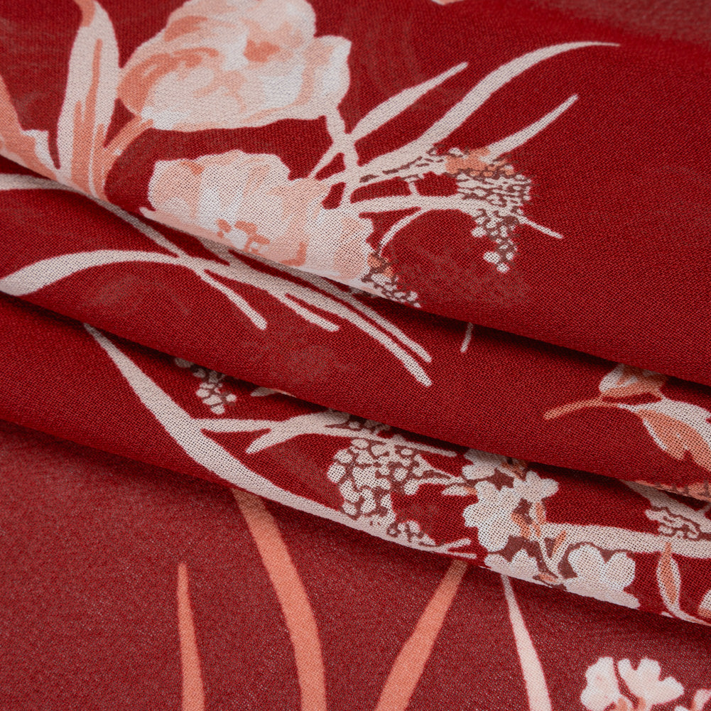 Viscose Georgette Print - Ruby Red, Salmon Pink and Off White Floral - Designer Deadstock - Folded