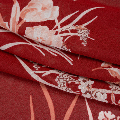 Viscose Georgette Print - Ruby Red, Salmon Pink and Off White Floral - Designer Deadstock