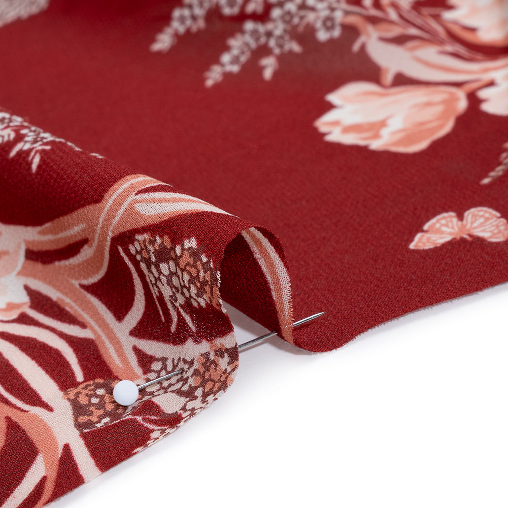 Viscose Georgette Print - Ruby Red, Salmon Pink and Off White Floral - Designer Deadstock - Detail