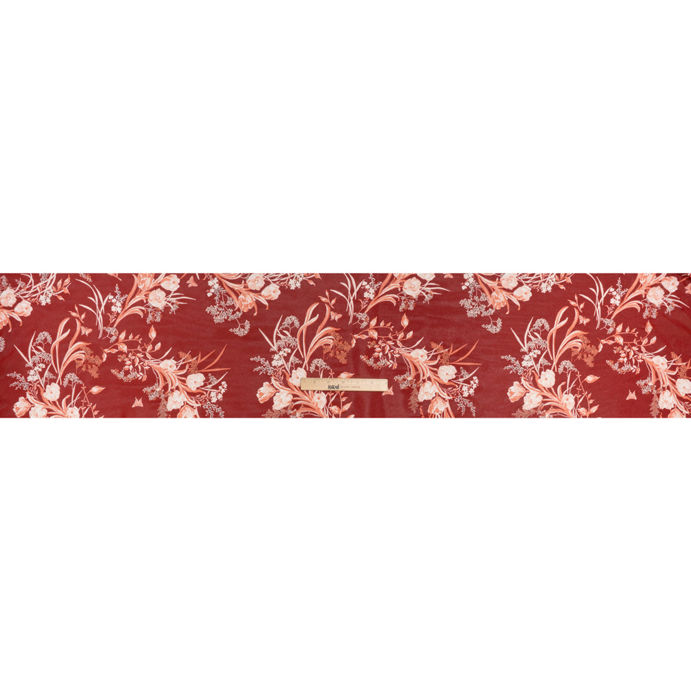 Viscose Georgette Print - Ruby Red, Salmon Pink and Off White Floral - Designer Deadstock - Full